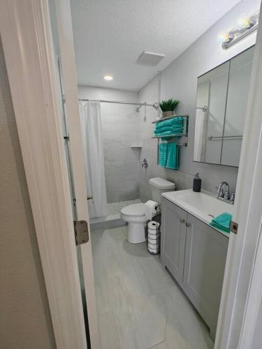 a white bathroom with a toilet and a sink at Lovely unit central location in St. Petersburg