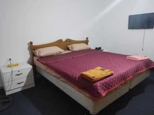 ein Schlafzimmer mit einem Bett mit einer lila Bettdecke in der Unterkunft City Center in Gerasa