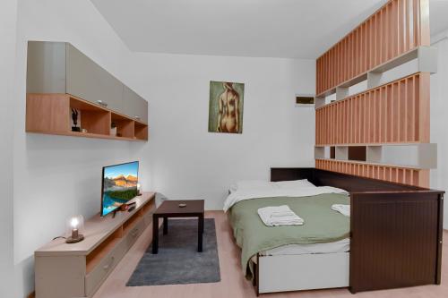 a bedroom with a bed and a desk at Studio 1 in Bucharest
