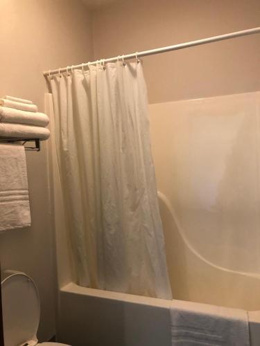 een badkamer met een douche en een douchegordijn bij Oakland Express Mote in Oakland
