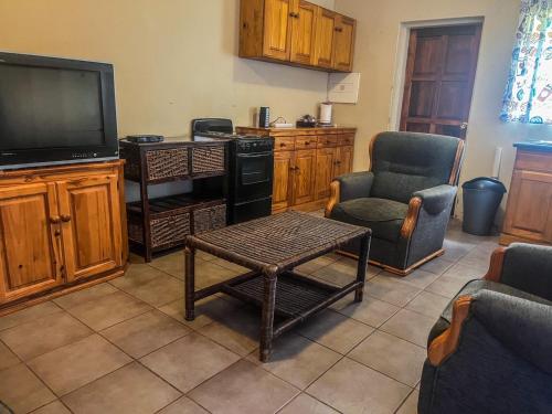 a living room with a flat screen tv and chairs at Leribisi Lodge in Tierpoort