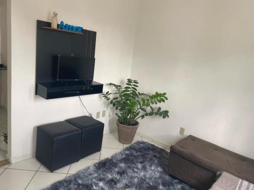 ein Wohnzimmer mit einem Sofa und einem Flachbild-TV in der Unterkunft Apartamento aconchegante próx ao Centro - 1 quarto in Vitória da Conquista