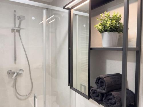 a bathroom with a shower with a glass door at Central Getaway studio in Bratislava