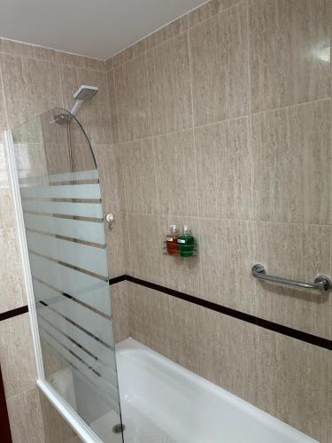 y baño con ducha y puerta de cristal. en Apartamento Los Lances, en Ronda