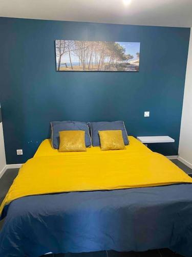 - une chambre bleue avec un lit jaune et 2 oreillers dans l'établissement Appartement à 15 min de bordeaux, à Ayguemorte-les-Graves