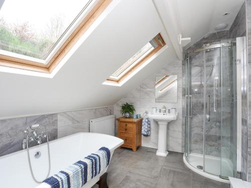 een badkamer met een bad, een douche en een wastafel bij Ty'n y Cae in Llanbedr-y-cennin