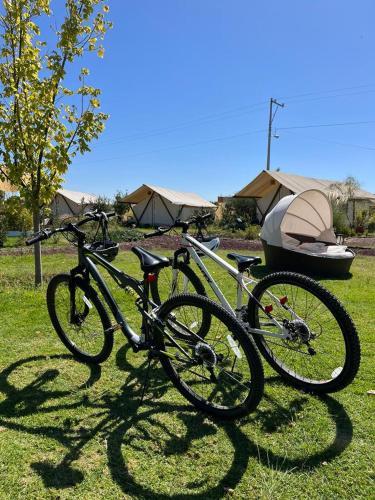 a bike parked in the grass next to a boat at Salterra Glamping in Tequisquiapan