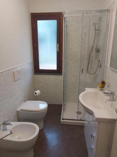 Asciano Pisano的住宿－San Rocco appartamenti - Appartamento LA VITE，浴室配有卫生间、淋浴和盥洗盆。