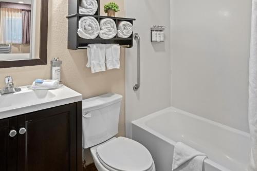 a bathroom with a white toilet and a sink at Buck Meadows Lodge in Groveland