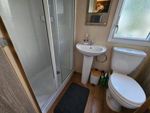 a bathroom with a shower and a toilet and a sink at Jayden in Rhyl