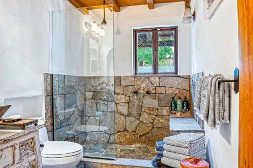 a bathroom with a shower and a toilet at Hacienda Hideaway in Rancho Mirage