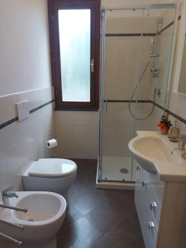 een badkamer met een toilet, een douche en een wastafel bij San Rocco Appartamenti 2 - Appartamento IL CASTAGNO in Asciano Pisano