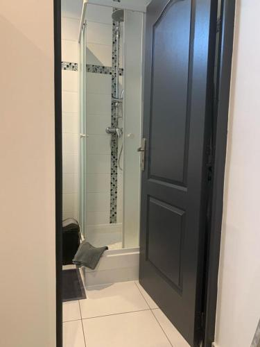 ein Bad mit einer Dusche und einer Glastür in der Unterkunft STUDIO MOLIERE in Montrouge