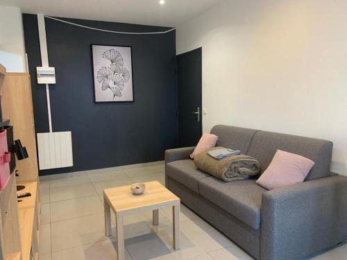 ein Wohnzimmer mit einem Sofa und einem Tisch in der Unterkunft STUDIO MOLIERE in Montrouge