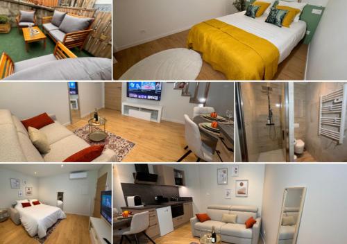 eine Collage mit vier Bildern eines Schlafzimmers und eines Wohnzimmers in der Unterkunft Au Duplex d'Or Centre Historique in Besançon