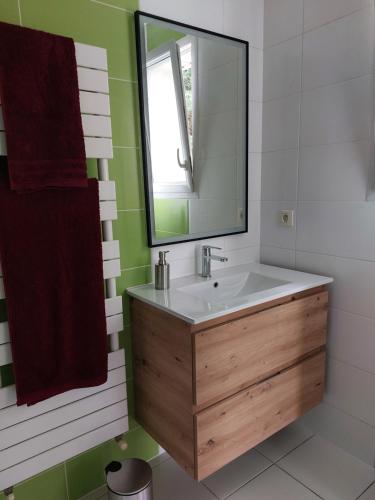 y baño con lavabo y espejo. en Charmant studio tout équipé en Les Sorinières