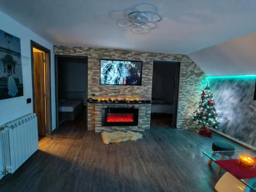 a living room with a fireplace with a christmas tree at Alissa House in Borsa
