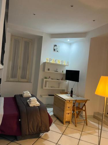 een kamer met een bed en een bureau met een computer bij Casa vacanza La Spagnola in Napels