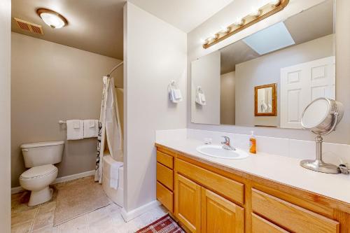 a bathroom with a sink and a toilet and a mirror at Carlton Cottage in Meridian