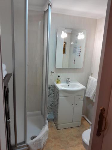 un bagno bianco con doccia e lavandino di Pensión Antonio Guesthouse ad Alicante