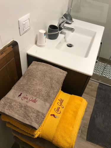a bathroom with a sink and a towel at Casa Galèt in Tirano