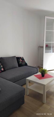 un salon avec un canapé et une table basse dans l'établissement Beau F3, rénové, calme, en plein centre de Nimes, à Nîmes