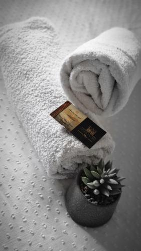 Una toalla y una planta en una cama en Stan na dan-Apartman Mia, en Lukavica