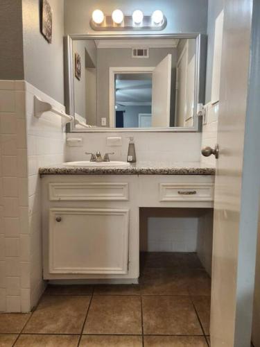 a bathroom with a sink and a mirror at Blue Shark *E10* @ Midtown Vibrant King Studio in Houston