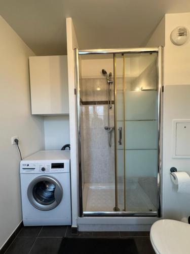 uma casa de banho com um chuveiro e uma máquina de lavar roupa em Grand studio cozy lumineux em Villabé