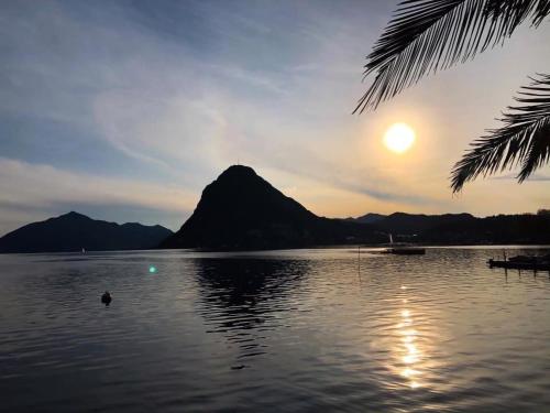 un grande bacino d'acqua con una montagna sullo sfondo di Bellevue- Bellavista a Castagnola