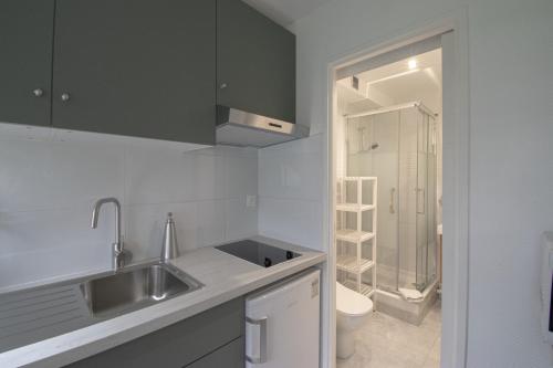 uma pequena cozinha com um lavatório e um WC em La Charmille du Lac em Créteil