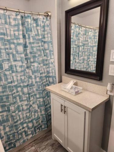 La salle de bains est pourvue d'une douche, d'un lavabo et d'un miroir. dans l'établissement Blue Shark *H12* @ River Oaks Modern 1BR King Apartment, à Houston