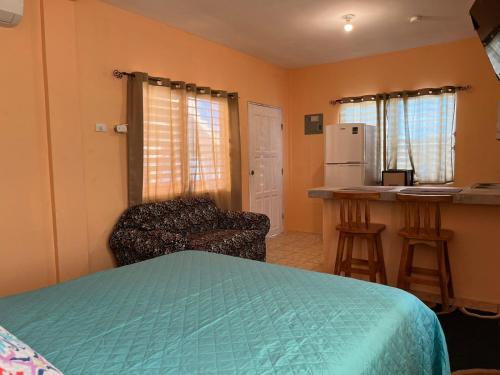 1 dormitorio con 1 cama y cocina con encimera en West Coast Garden en Ciudad de Belice