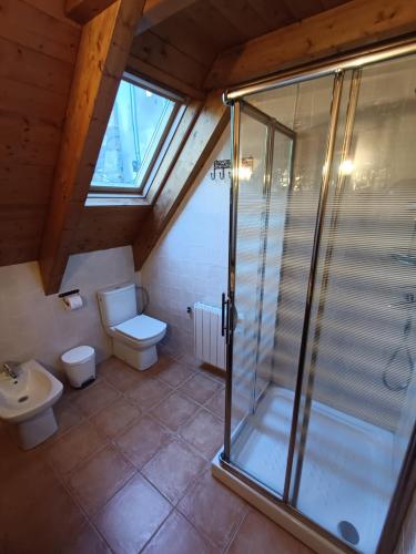a bathroom with a glass shower and a toilet at Arties Centro 3 habitaciones, exclusivo familias in Arties