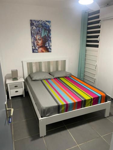 a bedroom with a bed with a colorful striped blanket at Le Cocon Des Îles in Les Abymes