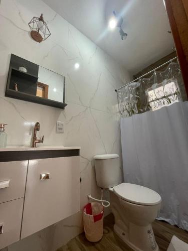 a bathroom with a toilet and a sink and a mirror at Espaço da Zilda in São José