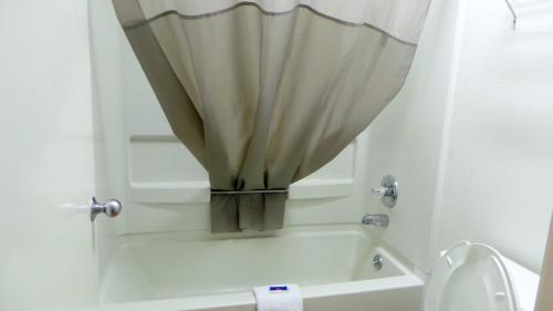 a bathroom with a shower curtain next to a toilet at Motel 6-Covington, TN in Covington