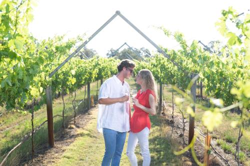 a man and a woman walking through a vineyard at Aloft Perth in Perth