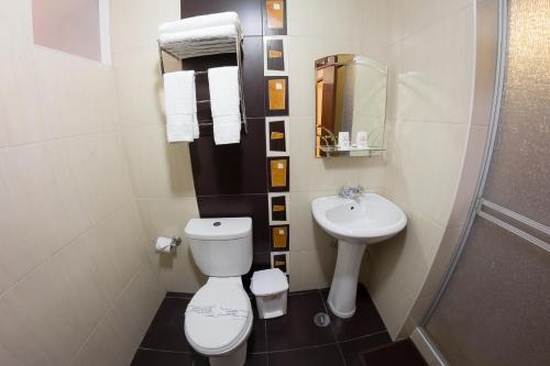 een kleine badkamer met een toilet en een wastafel bij UTASA VILLAREAL Inn in Puno
