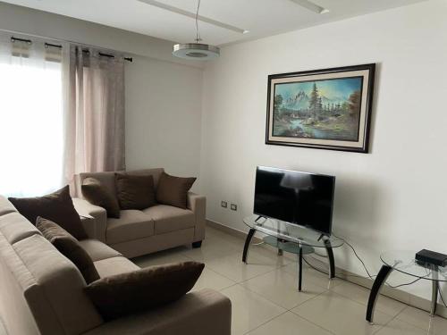 a living room with a couch and a flat screen tv at Los Próceres Apartamento Zona Exclusiva in Tegucigalpa