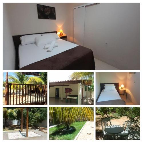 a collage of pictures of a bedroom and a bed at Chalé Brisas do rio espaço privativo ideal para casal ou família in Petrolina