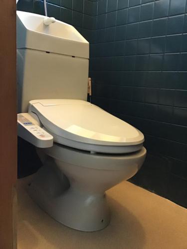 a white toilet in a bathroom with blue tiles at COZY Inn Free Shuttle service in Nikko