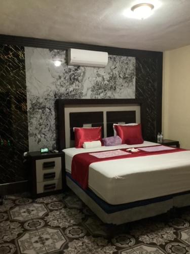 een slaapkamer met een groot bed met rode kussens bij Casa Victoria in San Benito