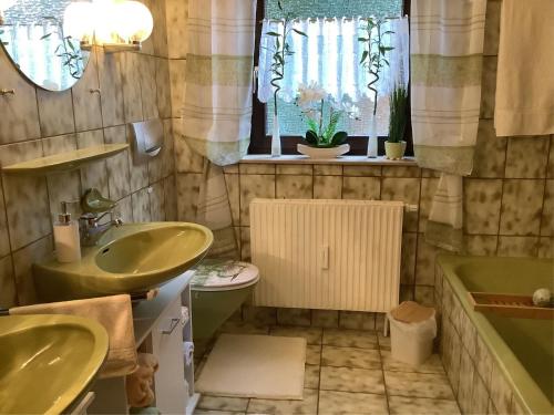 a bathroom with a sink and a toilet and a tub at Ferienwohnung Schwarzwälder in Hornberg