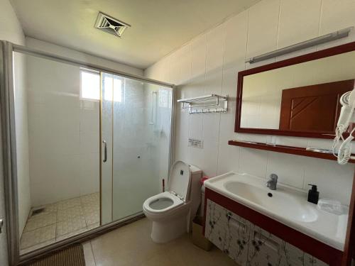 a bathroom with a shower and a toilet and a sink at Meida Hotel in Nuku‘alofa