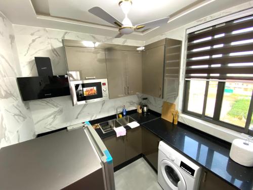 アクラにあるMankatiwa Court Apartmentsのキッチン(シンクと電子レンジ付きのカウンター付)