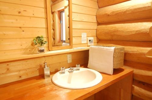 baño con lavabo en una cabaña de madera en Shakunagedaira Rental Cottage - Vacation STAY 18468v en Numajiri