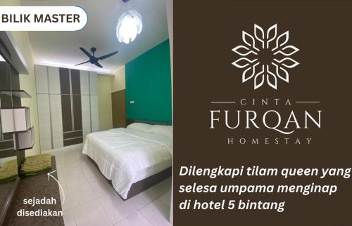 a bedroom with a bed and a sign for a hotel at Homestay Cinta Furqan 1 - apartment Cameron Highland in Tanah Rata