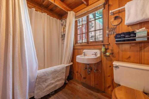 a bathroom with a toilet and a sink and a shower at Coziest Cabin in Tahoe w Stone Fireplace Comfy Beds Close to Slopes & Lake in Carnelian Bay