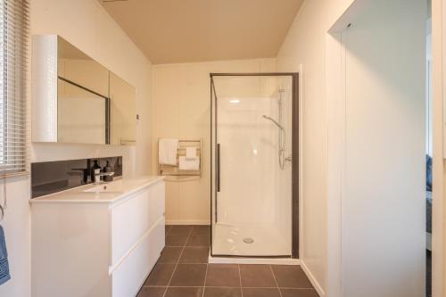 een badkamer met douche en wastafel bij Lushingtons Bay - Takamatua in Akaroa